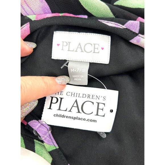 Children’s Place Girls’ Dress M 7/8 Floral Black Pink Hi/Lo Ruffled Cold Shoulde - Picture 3 of 16